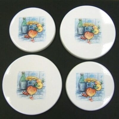 Enamelled Steel Hob Covers – Fruit and Bottle – Set of Four