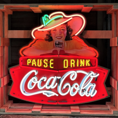 XL Coca Cola Neon Pause Drink / Lady – Round Retro Real Glass Neon Sign WBG – 146040