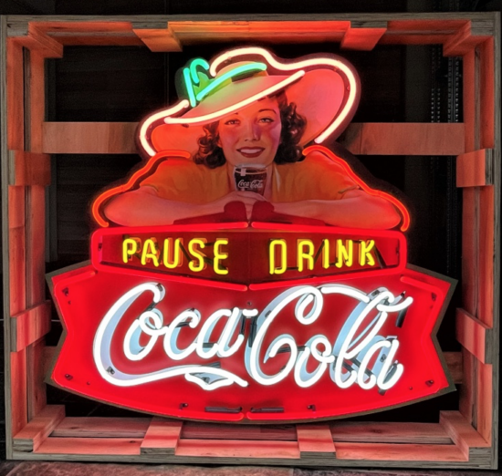 XL Coca Cola Neon Pause Drink / Lady – Round Retro Real Glass Neon Sign WBG – 146040